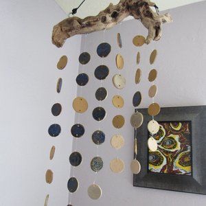 Large Driftwood and Ceramic Blue and Brown Mobile Handmade